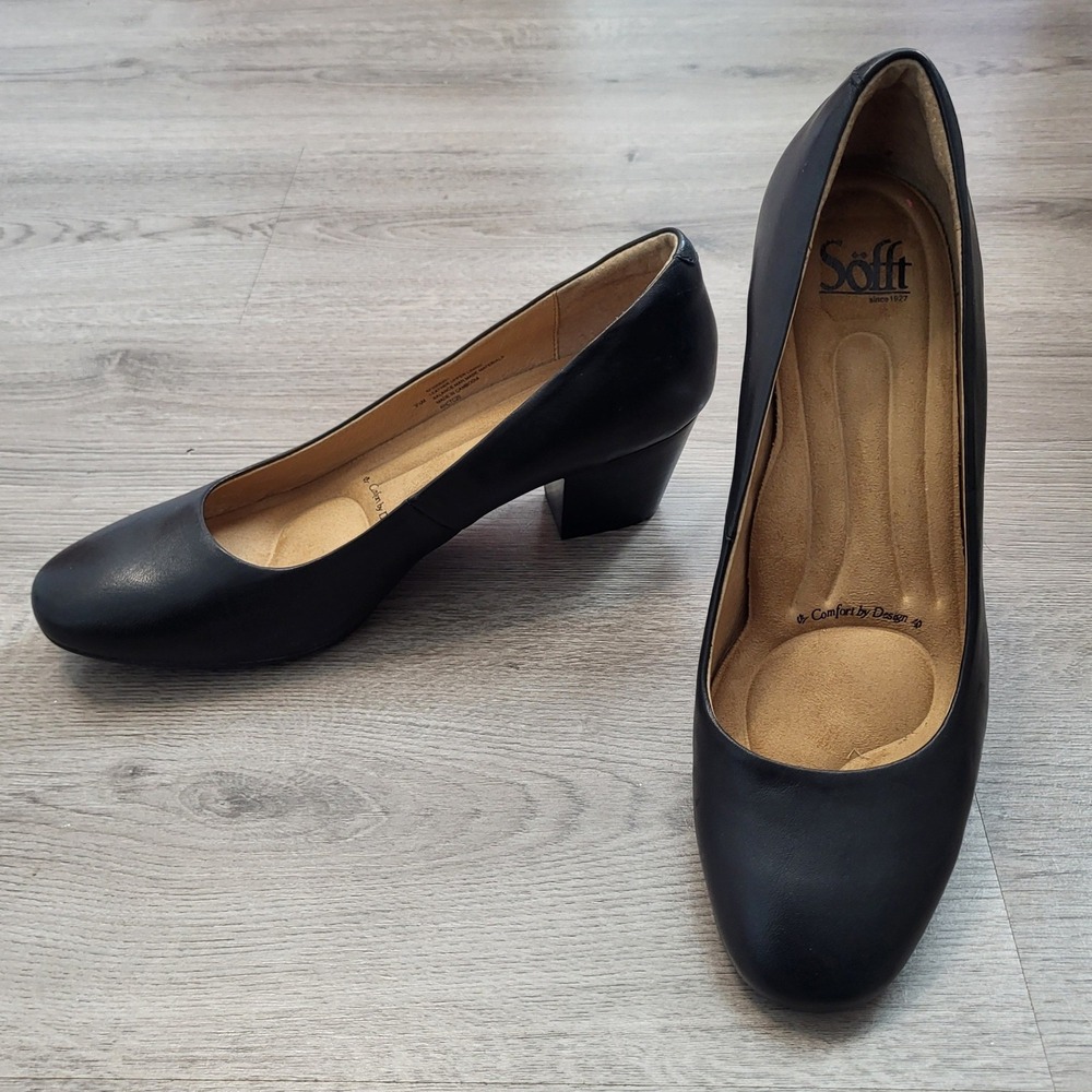 Sofft Black Leather Block Heel Pumps Round Toe Comfort Shoes 9.5 Office Business